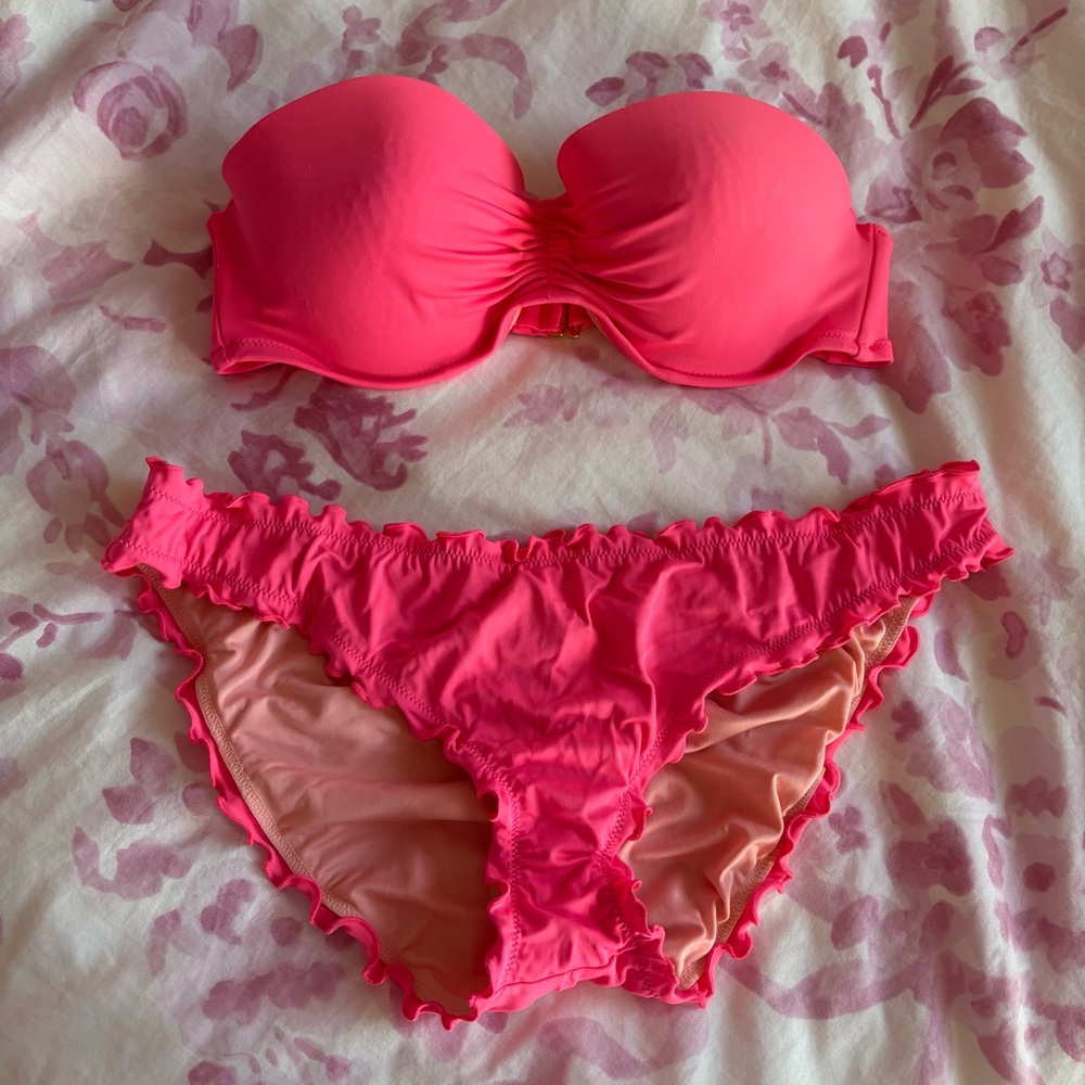 Victorias Secret hot pink ruffle strapless bikini